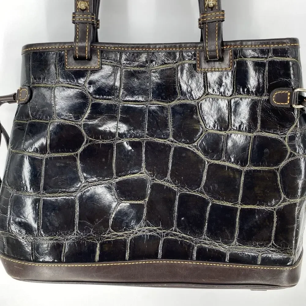 Dooney & Bourke Croco Embossed Leather Tassel Shoulder Tote Bag Brown